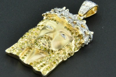 Pre-owned Jfl Diamonds & Timepieces Gelber Diamant Jesus Anhänger .925 Sterlingsilber Rund Schliff 1.36 Karat Klein