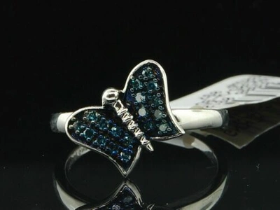 Pre-owned Jfl Diamonds & Timepieces Blau Diamant Schmetterling Mode Cocktail Ring .925 Sterlingsilber Mode Band