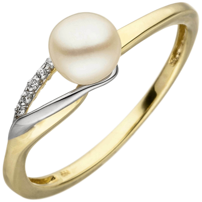 Pre-owned Schmuck-krone - Goldschmuck Ring Mit Süsswasser-perle Weiss & 6 Zirkonia, 333 Gold Gelb/weiss Bicolor Damen