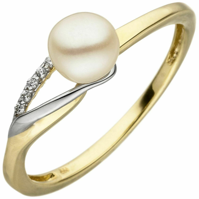 Pre-owned Jobo Perlenring 333 Gelbgold Weissgold Bicolor 1 Süsswasser Perle 6 Zirkonia Ring Damen