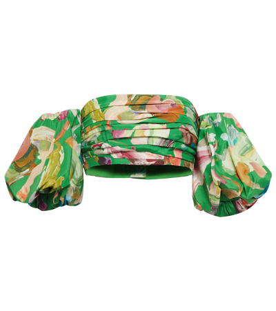 Alemais Arlo Off-the-shoulder Cropped Printed Silk-crepe Top In Green