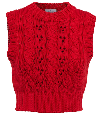 Prada Cropped Cable-knit Cotton Waistcoat In Red