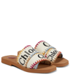 Chloé Woody Embroidered Logo-print Canvas Slides In Multicolor White 1