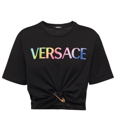 Versace Pinned-hem Logo-print Cotton-jersey T-shirt In Black