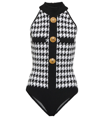 Balmain Viscose Blend Houndstooth Knit Bodysuit In Black