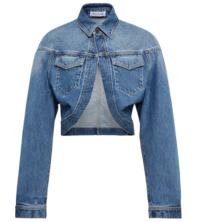 Alaïa Reversed V Opening Cropped Denim Jacket In Blue