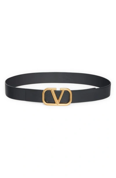 Valentino Garavani Elegant Black Leather Belt With Gold Buckle 30 Mm