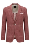 Hugo Boss Slim-fit Jacket In Checked Linen And Wool In Dark Red