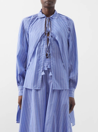 Palmer Harding Loop Striped Front-tie Cotton Blouse In Blue Chalk Stripe Voile