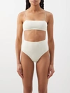 Totême Smocked Recycled-fibre Blend Bikini Top In Tofu