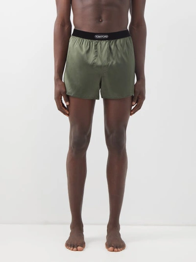 Tom Ford Logo-patch Silk-blend Satin Boxer Shorts In Green