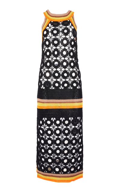 Wales Bonner Marimba Mirror-embellished Striped Crocheted Cotton Midi Dress In Black