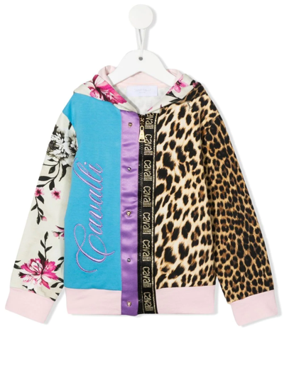 Roberto Cavalli Junior Kids' Multi-print Zip-front Hoodie In Blue