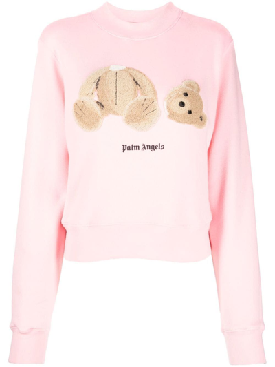 Palm Angels Bear-print Long-sleeved Fitted Cotton-jersey Sweatshirt In Pink