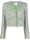 Self-portrait Cropped Button-embellished Metallic Bouclé-tweed Jacket In Grün