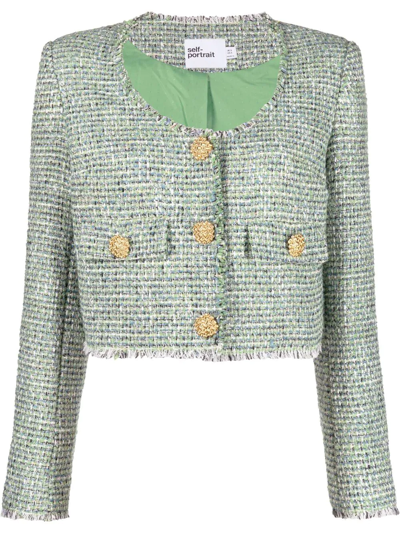 Self-portrait Cropped Button-embellished Metallic Bouclé-tweed Jacket In Green,blue,metallic