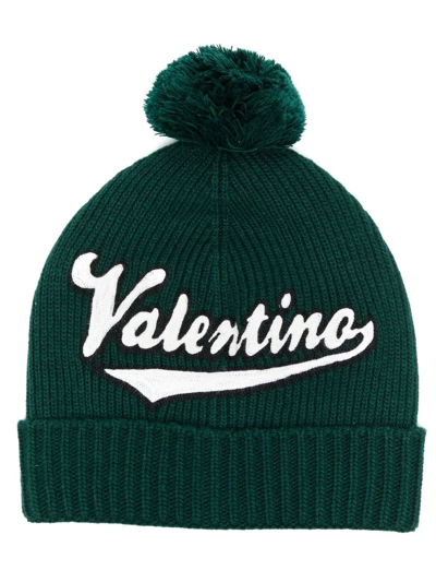 Valentino Garavani Bobble Hat With Logo Embroidery In Green