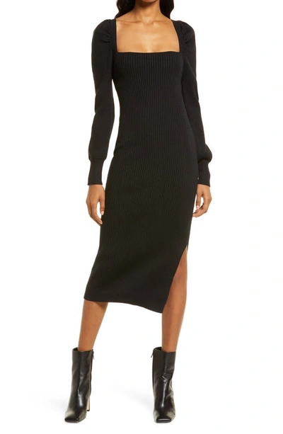 Charles Henry Square Neck Tie Back Puff Long Sleeve Sweater Dress In Black