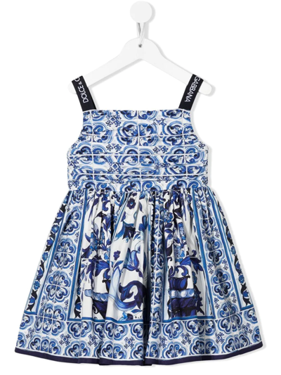 Dolce & Gabbana Kids' Majolica-print Sleeveless Mini Dress In White,navy