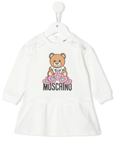 Moschino Babies' Teddy Bear-print Ruffled Mini Dress In White