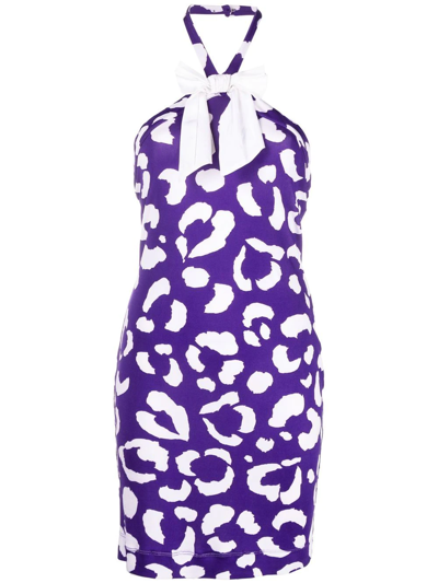 Pre-owned Moschino 2000s Leopard-print Halterneck Dress In Purple