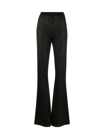 Versace La Greca-jacquard Kickflared Wool-blend Trousers In Black
