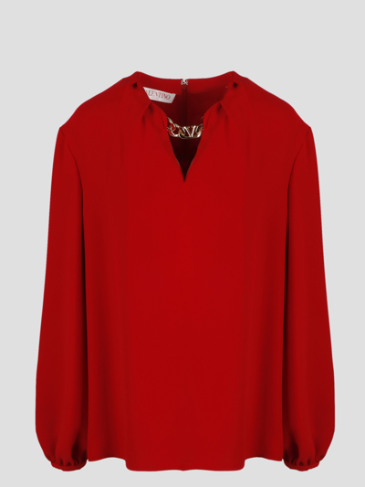 Valentino Cady Couture Chain-embellished Silk Blouse In Red