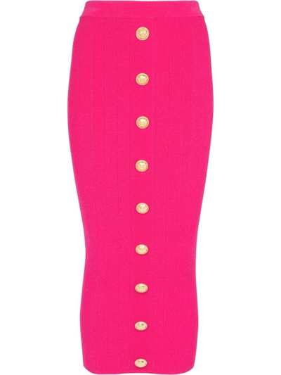 Balmain Button-front Knit Pencil Midi Skirt In Pink