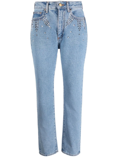 Alessandra Rich Straight Denim Jeans With Crystal Embellishment In Navy