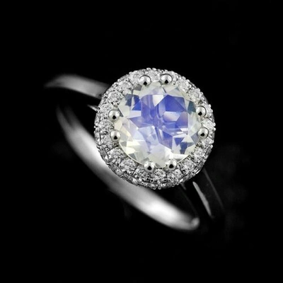 Pre-owned Ppluxury Platinum 950 Diamonds Moonstone Halo Modern Style Engagement Proposal Ring In Silver