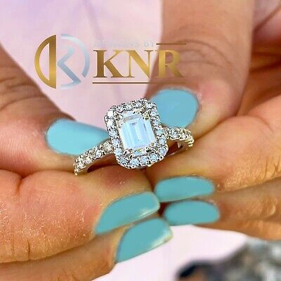 Pre-owned Knr Huge 14k White Gold Emerald Moissanite And Natural Diamond Engagement Ring 2.70