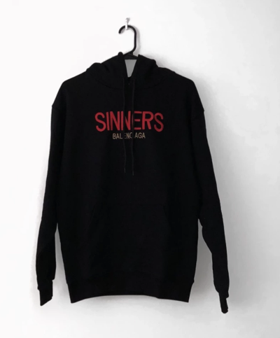 Pre-owned Balenciaga Sinners-embroidered Hooded Cotton Sweatshirt Black Sz Small Oversized