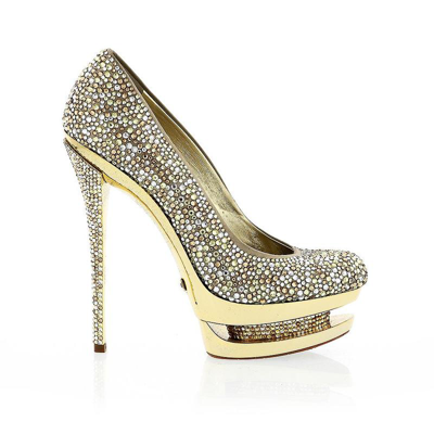 Pre-owned Gianni Renzi /gml Gianmarco Lorenzi Gold + Clear Crystal Platform Pump In Raspberry