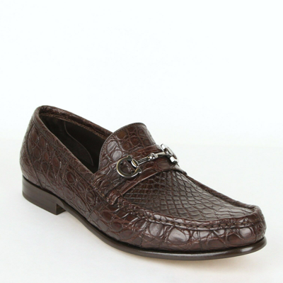 Pre-owned Ferragamo Salvatore  Men's Giostra 3 Dark Brown Crocodile Horsebit Loafer 483743