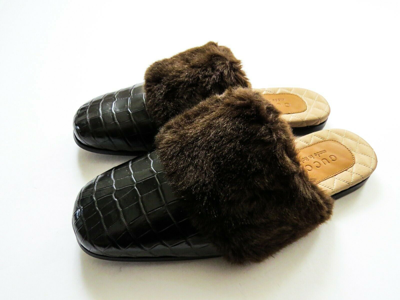 Pre-owned Gucci Black Crocodile Alligator Leather Fur Slippers Slides 7 7.5 Us 40.5 Euro