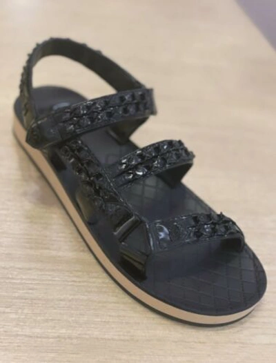 Pre-owned Chanel Dad Chain On Chain Black Flat Sandals Cc Logo