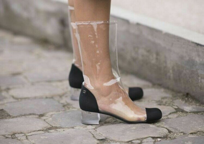 Pre-owned Chanel $1200 Boots Transparent Pvc Black Cap Toe Cc