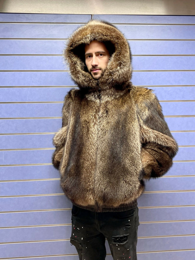 Pre-owned Fenzo Furs Luxury Full Skin Natural Raccoon Fur Mens Bomber Real Fur Full Skin To Skin Hood In Brown