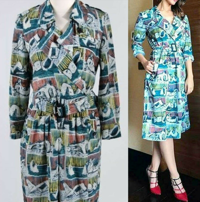 Pre-owned Burberry $1,250  London 6 8 40 Reclining Figures Printed Silk Trench Dress In Blue