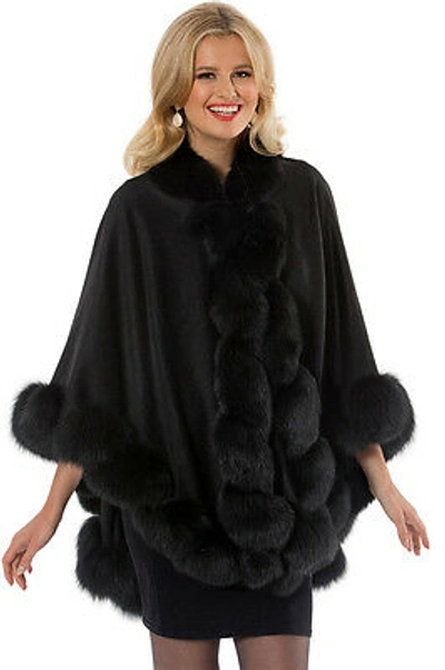 Pre-owned Madison Avenue Malls Womens Fox Fur Trim Cashmere Cape Wrap Shawl Black - Marquessa