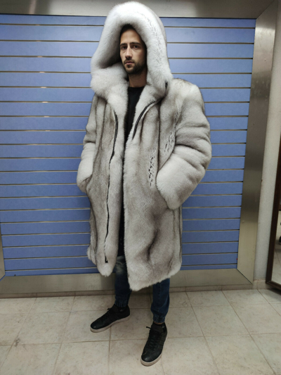 Pre-owned Fox Luxury Full Skin Doublesided "blue"  Fur Mens Coat Real Fur White  Hood