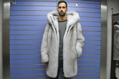 Pre-owned Fox Luxury Full Skin "blue"  Fur Mens Coat Real Fur White Skin To Skin  Hood