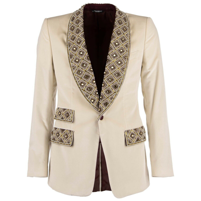 Pre-owned Dolce & Gabbana Crystals Pearls And Gold Embroidery Tuxedo Blazer White 09759