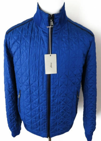 Pre-owned Brioni $3675  Blue Quilted Reversible Silk Jacket Bomber Leather Trim Size Large