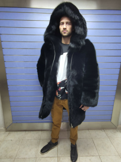 Pre-owned Fox Luxury Full Skin Doublesided Black  Fur Mens Coat Real Fur Black  Hood