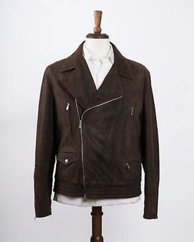 Pre-owned Brunello Cucinelli $6,995 Chocolate Brown Suede Leather Motorcycle Jacket M