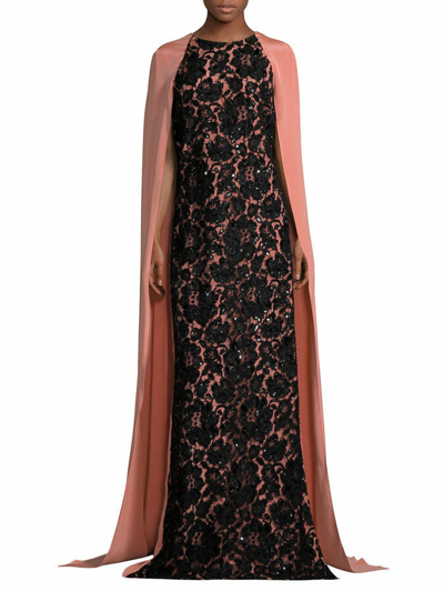 Pre-owned Oscar De La Renta $5190  Peach Black Lace Embroidery Cape Caftan Gown Xs S In Peach, Black
