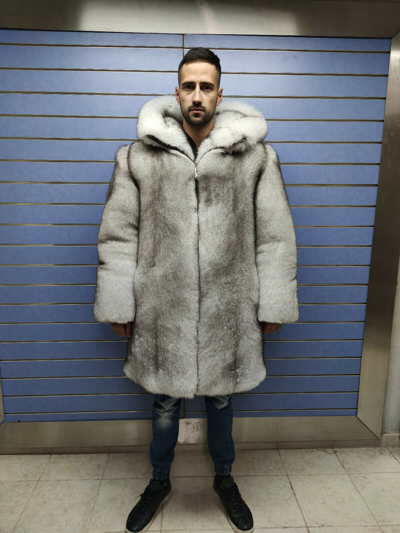 Pre-owned Fox Luxury Full Skin Doublesided Blue  Fur Mens Coat Real Fur White  Zip Hood