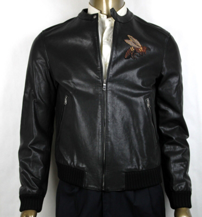 Pre-owned Gucci $4750  Men Black Washed Calf Bomber Jacket W/bee Embroidery 52r 408375 1300