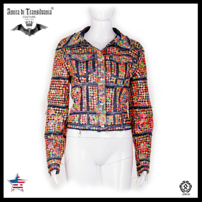 Pre-owned Amira Di Transilvania Woman Jacket Spring Original Italian Fashion Casual Bikers Fluo Sequins Vintage In Multicolor